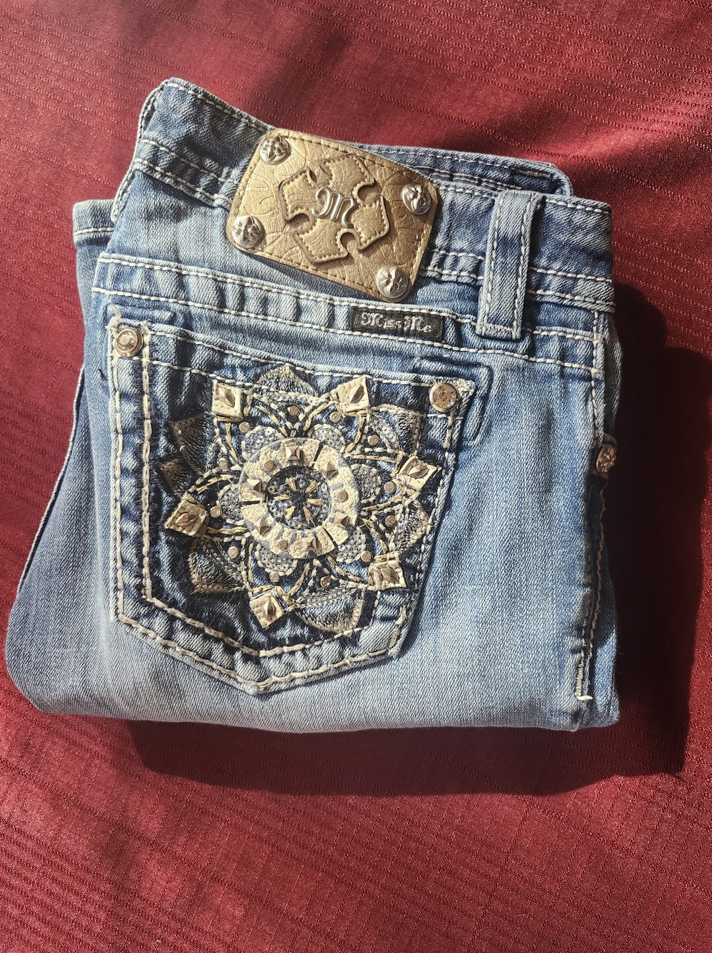 Miss Me Sz 29 Boot Cut Jeans with Flower Embellishment